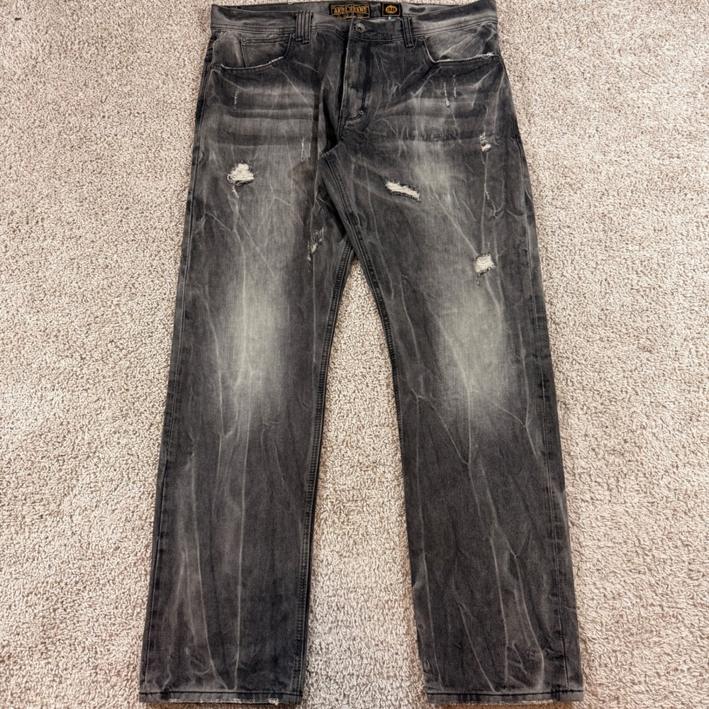 AKOO Jeans Mens 38 Grey Good Distressed Faded Straight Leg Streetwear Denim